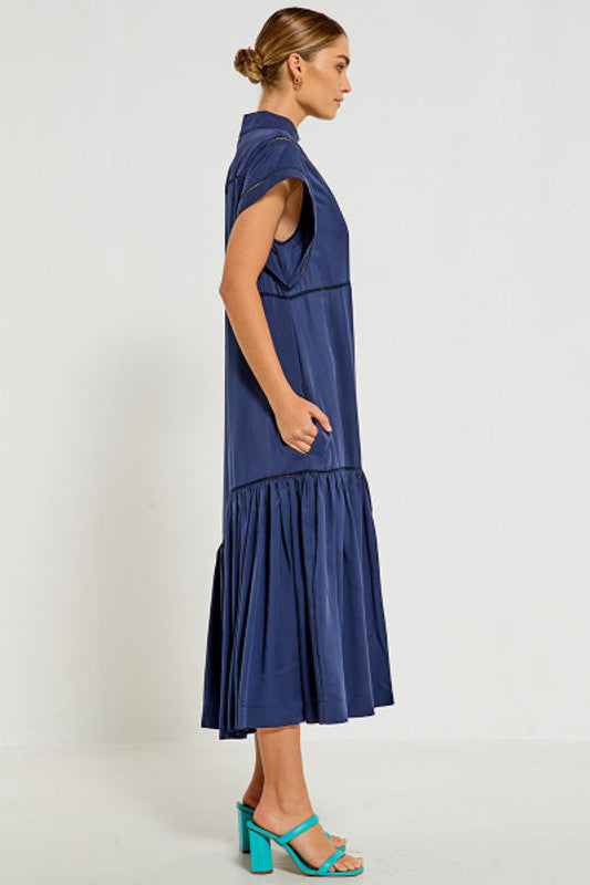 Asymmetrical Midi Shirt Dress in Navy Tencel Twill