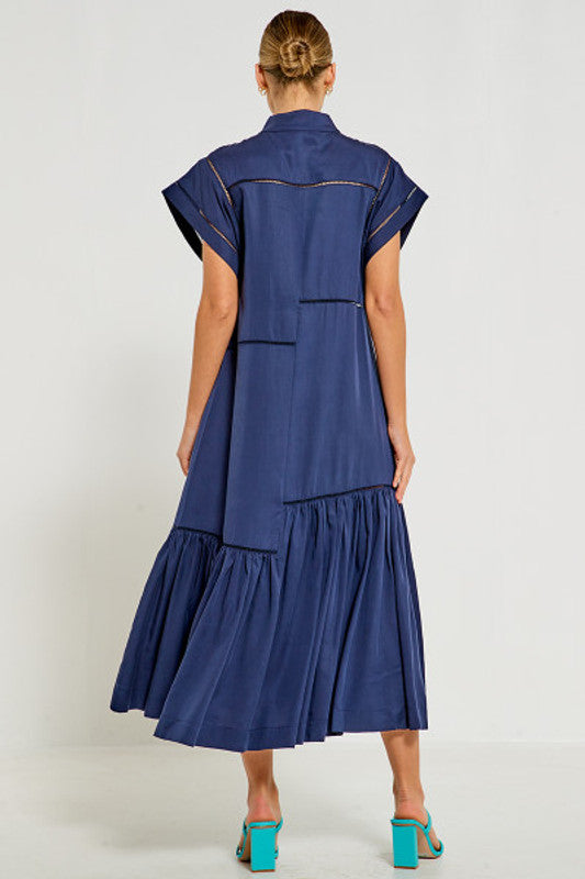 Asymmetrical Midi Shirt Dress in Navy Tencel Twill