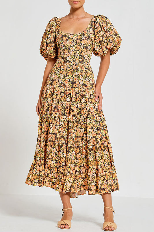 Billow Sleeve Midi Dress in Garden Floral