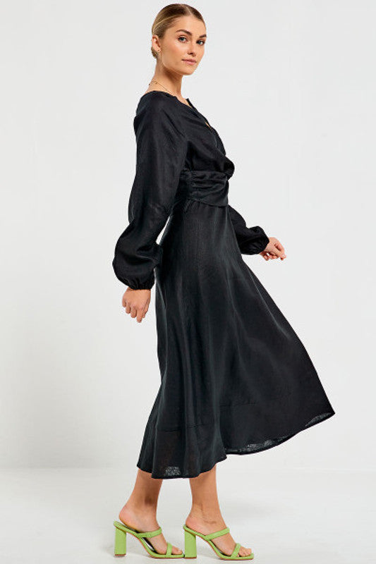 Twist Waistband Maxi Dress in Black Linen