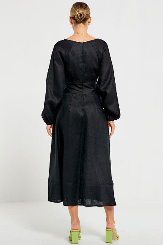 Twist Waistband Maxi Dress in Black Linen