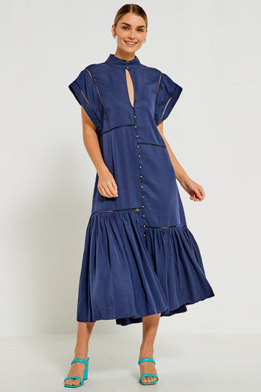 Asymmetrical Midi Shirt Dress in Navy Tencel Twill