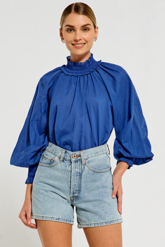 Shirred Neck Top in Cobalt Cotton Voile