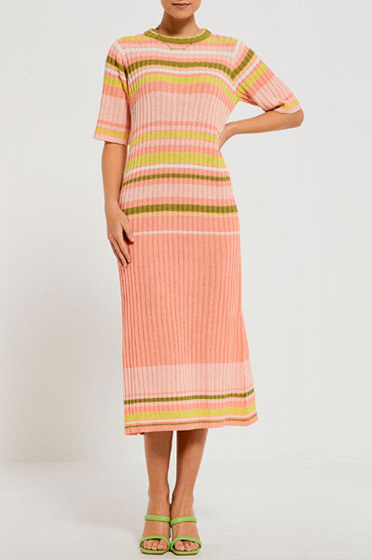 KNIT A-LINE MIDI DRESS IN MULTI STRIPE