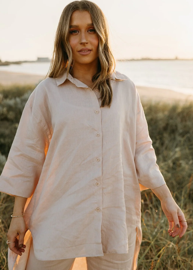 Margot Oversized Linen Shirt Dress in Dust Storm