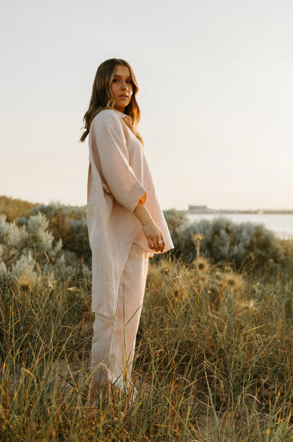 Margot Oversized Linen Shirt Dress in Dust Storm