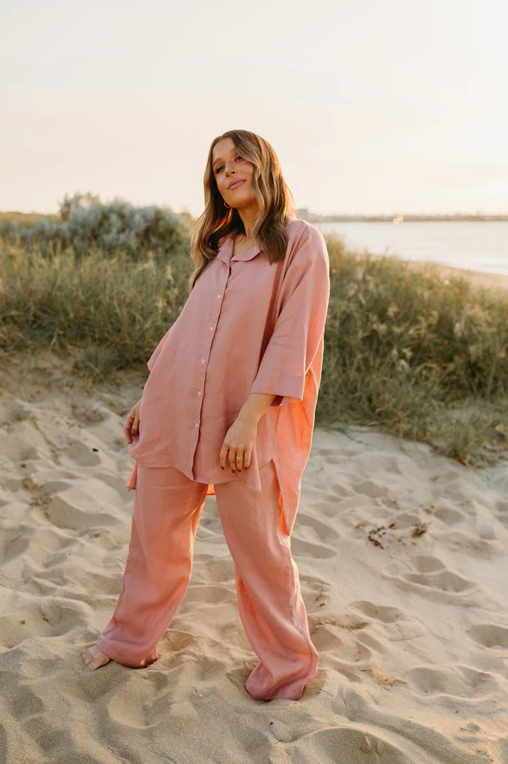 Margot Oversized Linen Shirt in Old Rose