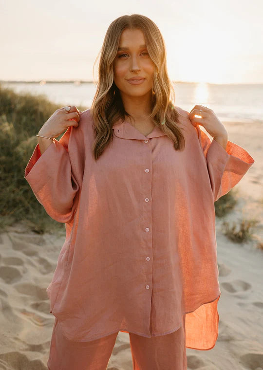 Margot Oversized Linen Shirt in Old Rose