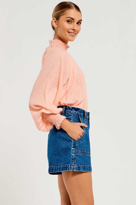 Shirred Collar Top in Peach