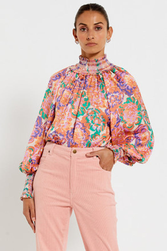 Shirred Neck Top in Peony Floral