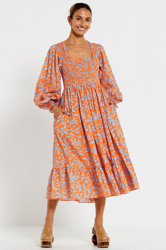 Square Neck Shirred Midi Dress In Sea Floral