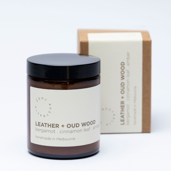 Leather & Oud Wood Soy Wax Candle - available in 2 sizes