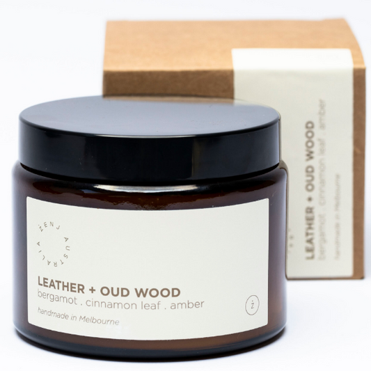 Leather & Oud Wood Soy Wax Candle - available in 2 sizes